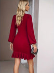 Red Crew Neck Dress with Ruffle Hem