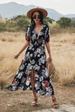 Black V-Neck Floral, Short Sleeve Dress