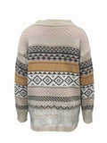 Khaki Geometric Pattern V Neck Knit Sweater