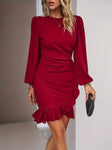 Red Crew Neck Dress with Ruffle Hem