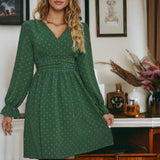 Emerald V-Neck Dress with Dot Details