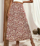 Burgundy Boho Ditsy Floral Print Maxi Skirt