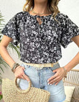 Black Print Keyhole Blouse